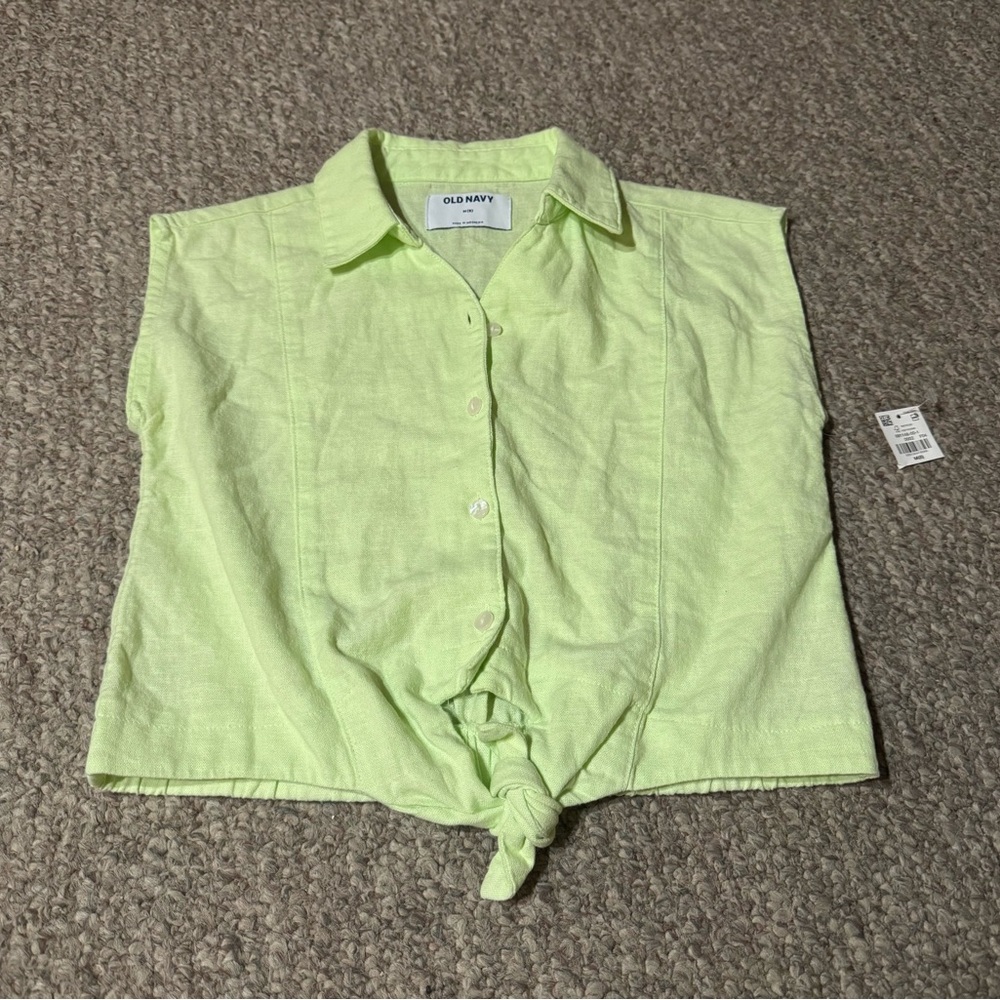 Old Navy Girl’s Lime Green Button-Up Collared Sleeveless Top Linen Blend NWT
